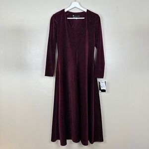 Maison Tara Women's 6 Midi Dress Burgundy Metallic Ribbed V-Neck‎ NEW